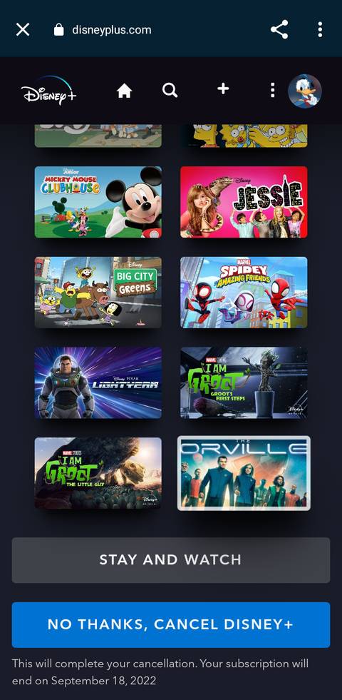Disney+ mobile browser cancellation screen