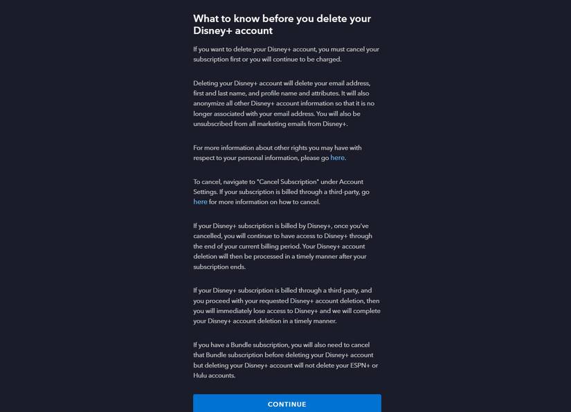Disney+ account deletion disclaimer