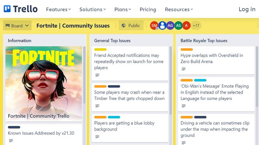 Different issues on Fortnite Trello board