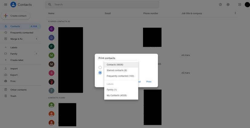 Google contacts print selection dialog box