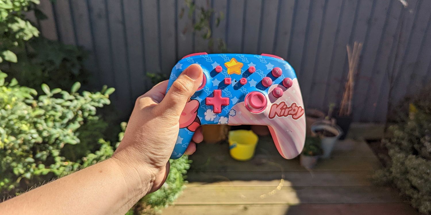 PowerA kirby controller in hand thumb on analog stick