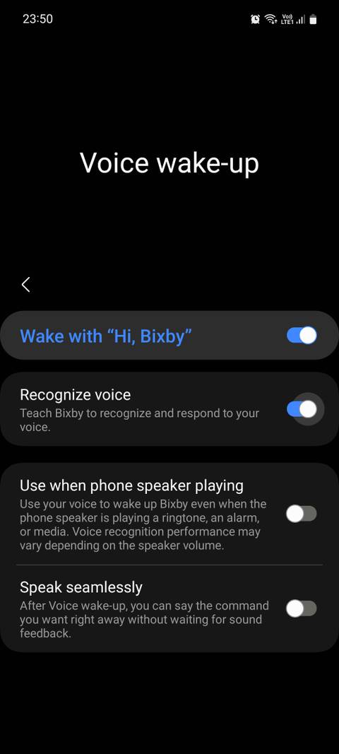 Samsung Bixby Voice wake-up Recognize voice toggle