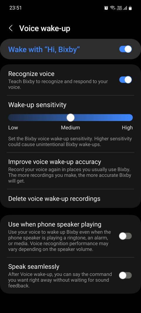 Samsung Bixby Voice wake-up menu