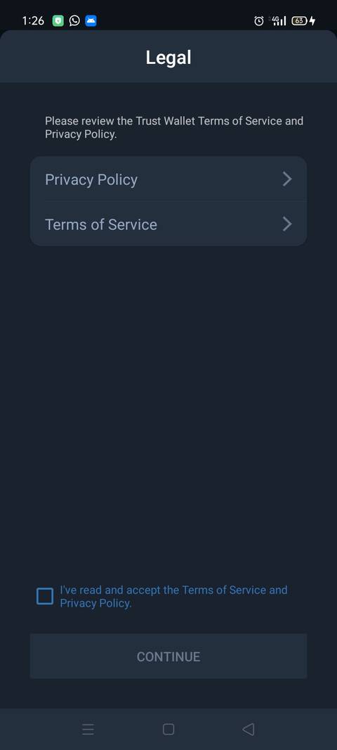 Screenshot of Trust wallet showing legal screen