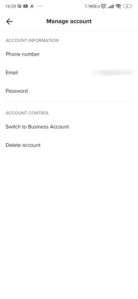 Manage account page on TikTok