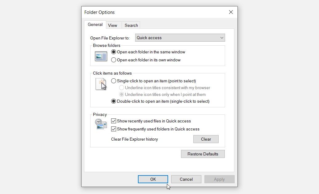 The “General” tab on the Windows Folder Options screen