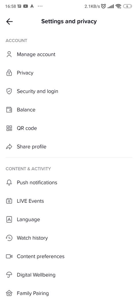 TikTok's Settings and Privacy page