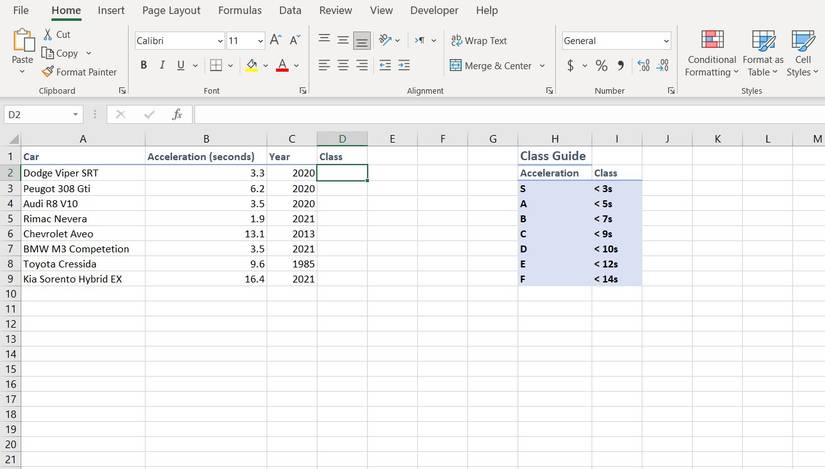 Example spreadsheet for Excel IFS function