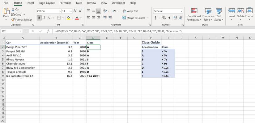 IFS function results in Excel