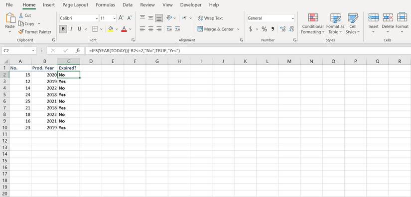 IFS function results in Excel