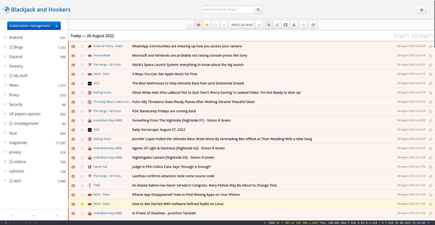 freshrss populated interface