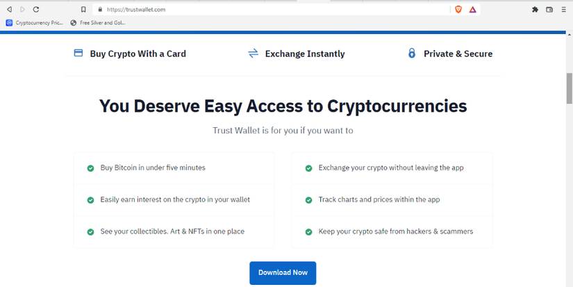 screenshot of trust wallet homepage showing list of wallet features