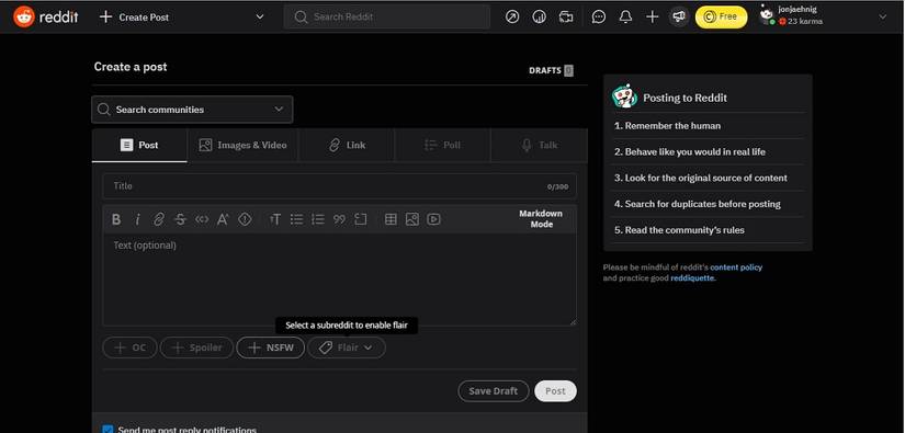Selecting a subreddit before drafting a post.