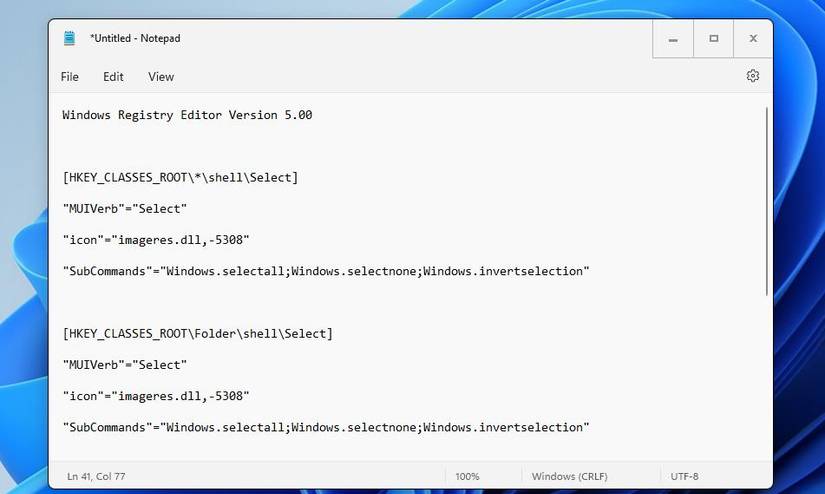 The Select All registry script text in Notepad