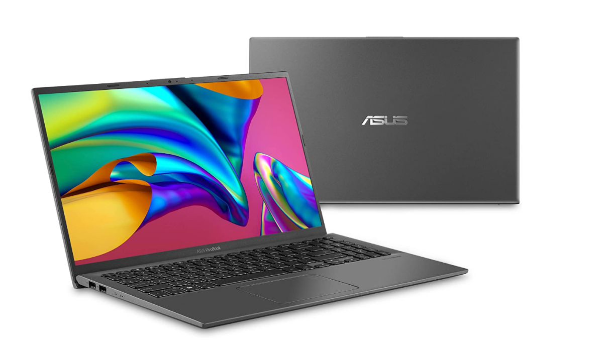 فریاد جانبی یک Asus VivoBook 15 با صفحه نمایش پر جنب و جوش و تصویر پس زمینه ای که پشت صفحه را نشان می دهد