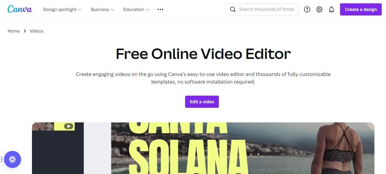 Canva Video Editor Homepage