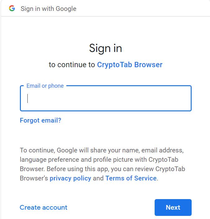 Google Sign in Field on Cryptotab Browser
