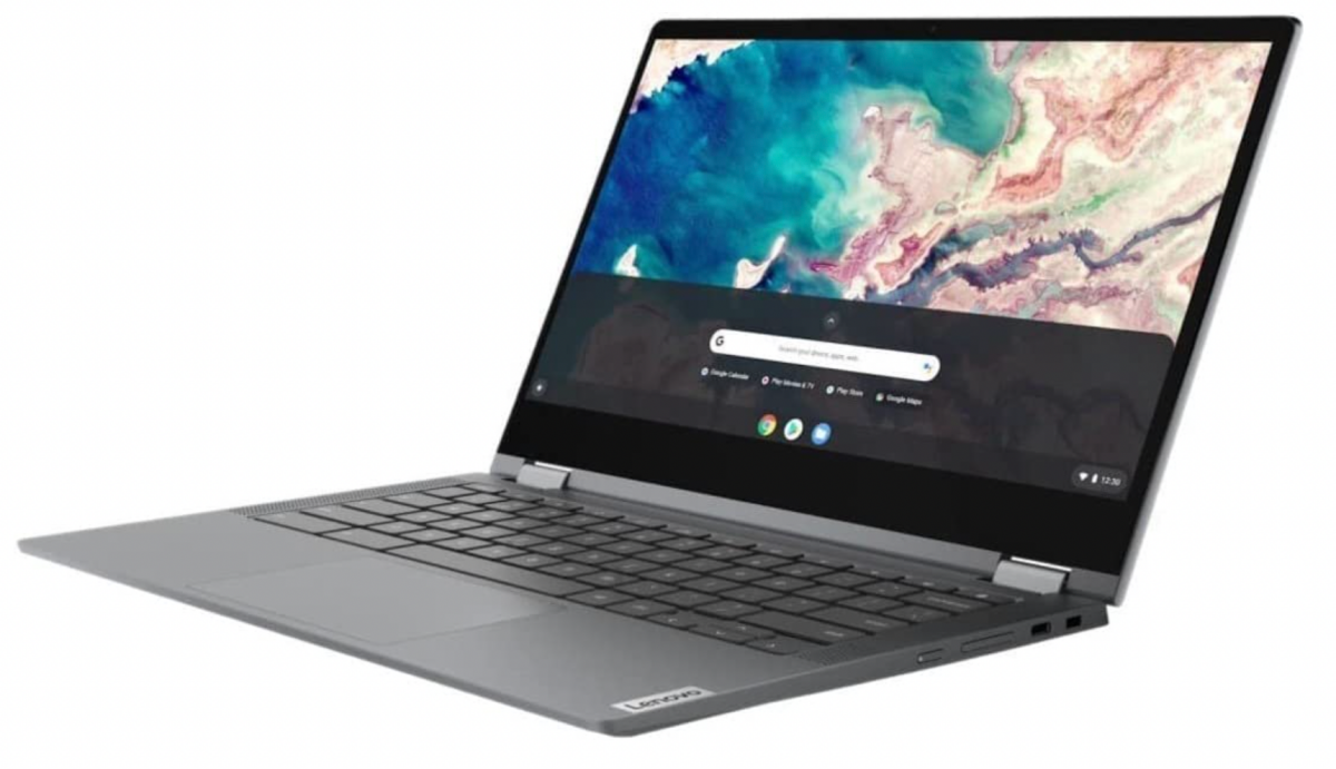 یک عکس کناری از Lenovo Chromebook Flex 5 با نمایشگر روشن