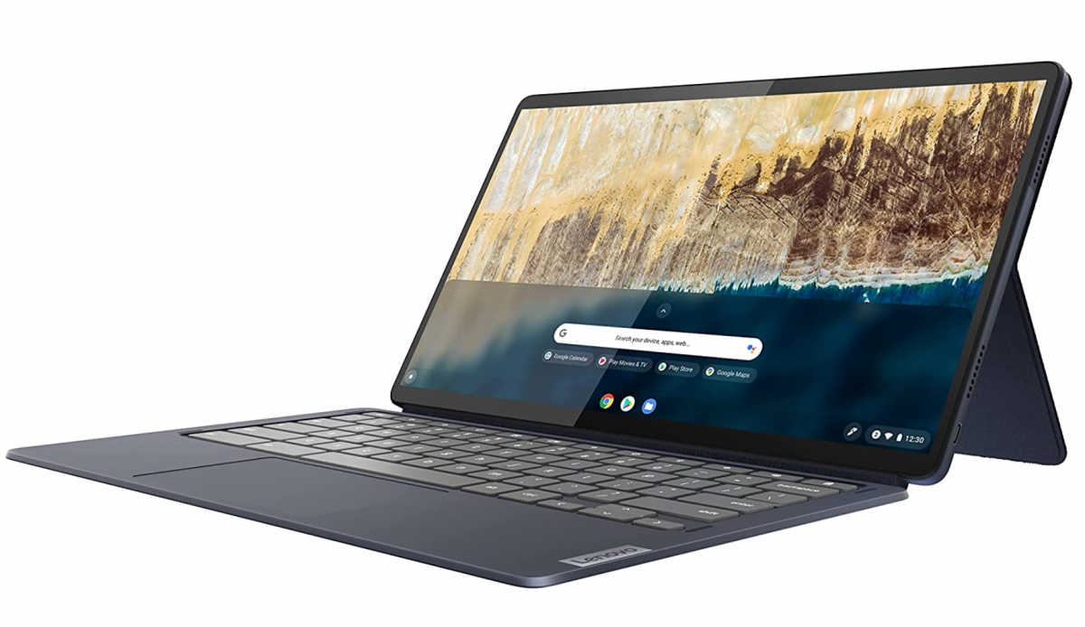 عکس کناری Lenovo IdeaPad Duet 5 Chromebook با صفحه‌نمایش روی پایه آن