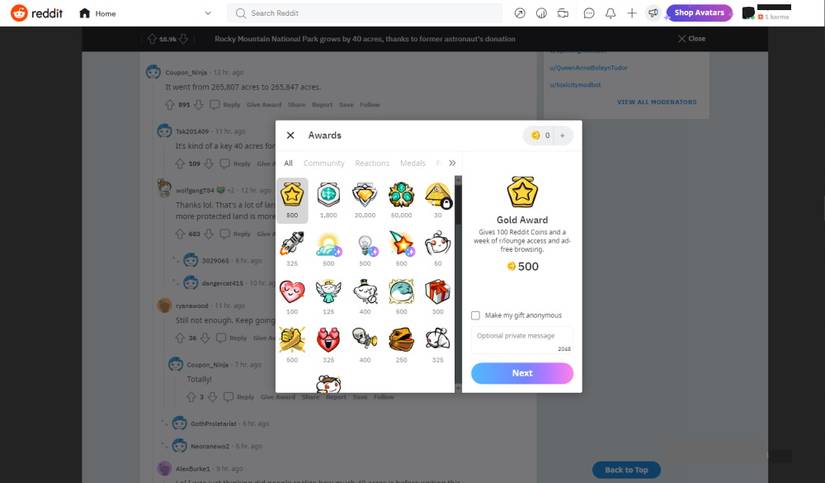 Reddit coins gift award page