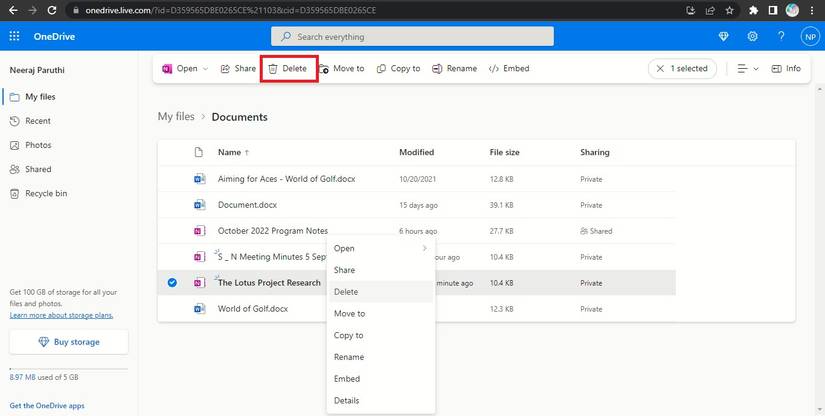 Right-click Notebook and Select Delete