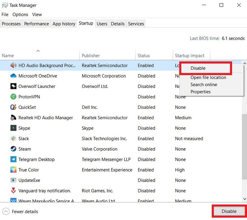 Disabling Startup Processes on Task Manager 