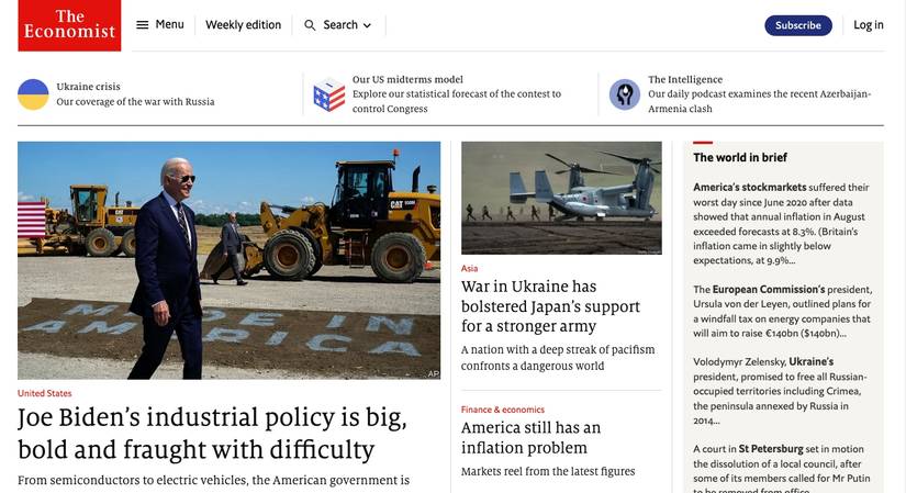 A screenshot of The Economist's homepage