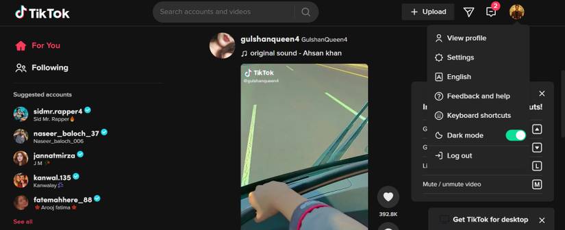 Главная страница TikTok в веб‑браузере