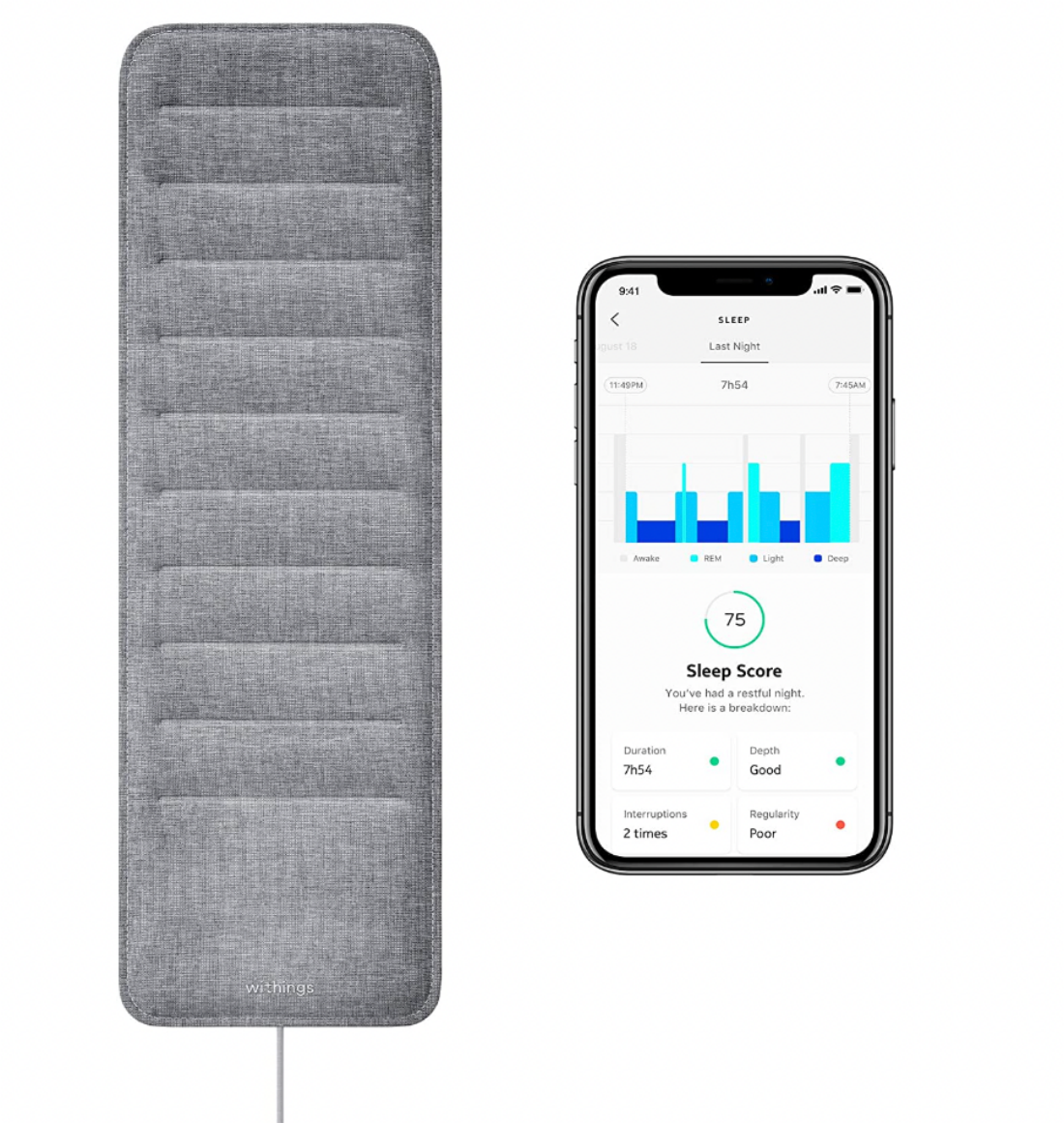 پد ردیابی خواب Withings با گوشی هوشمند که برنامه را نشان می دهد