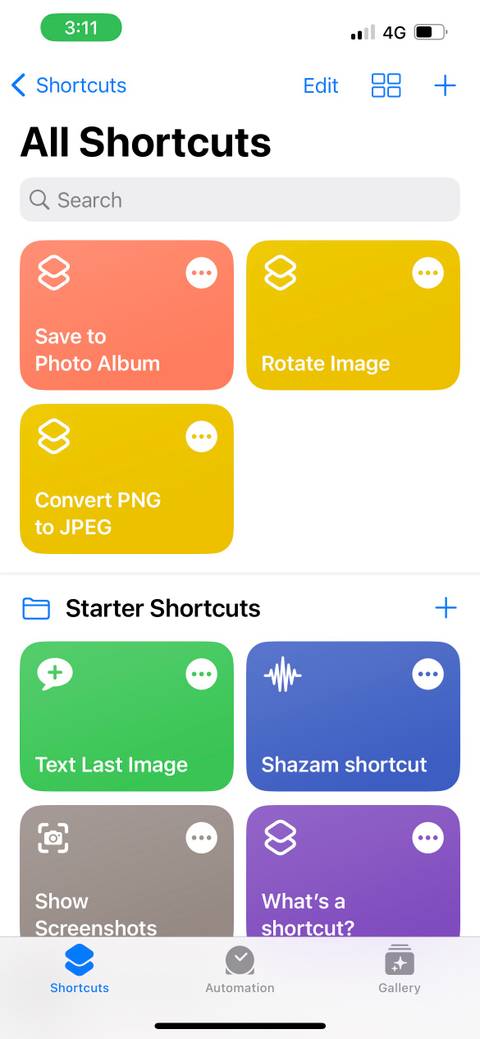 shortcuts tab in iphone shortcuts app 