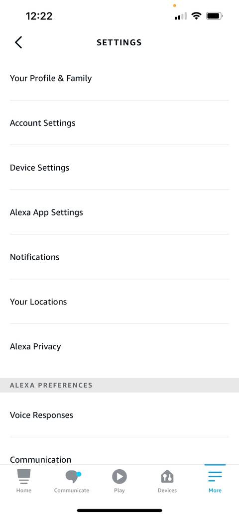 Alexa app Settings page