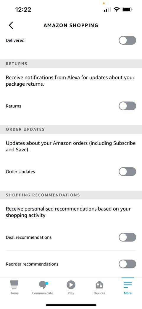 Alexa app Shopping Notifications page