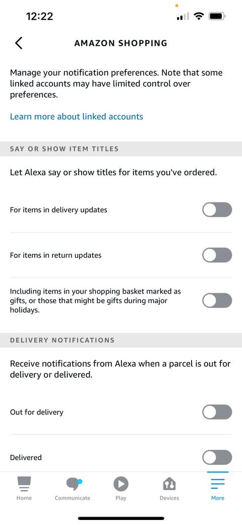 Alexa app Shopping Notifications page