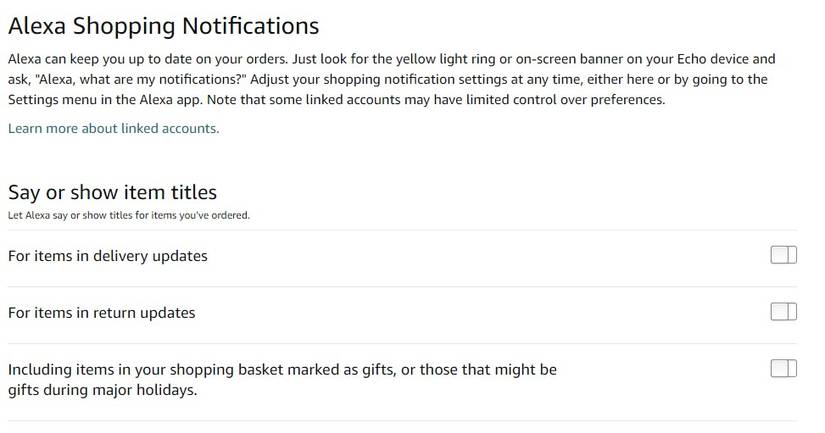 Amazon website Alexa Shopping Notifications settings
