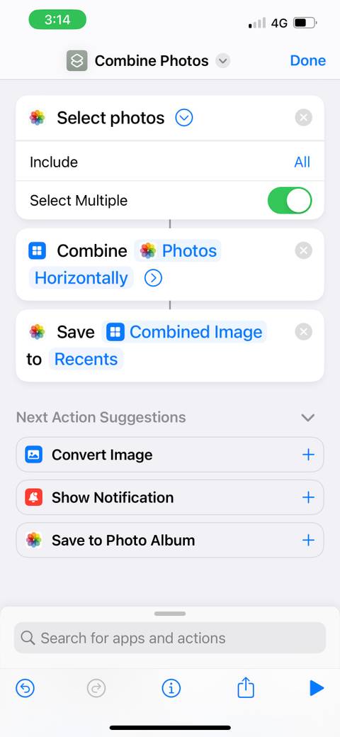 shortcut to combine photos on iphone