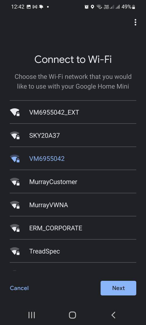 Google home wi-fi selection screen