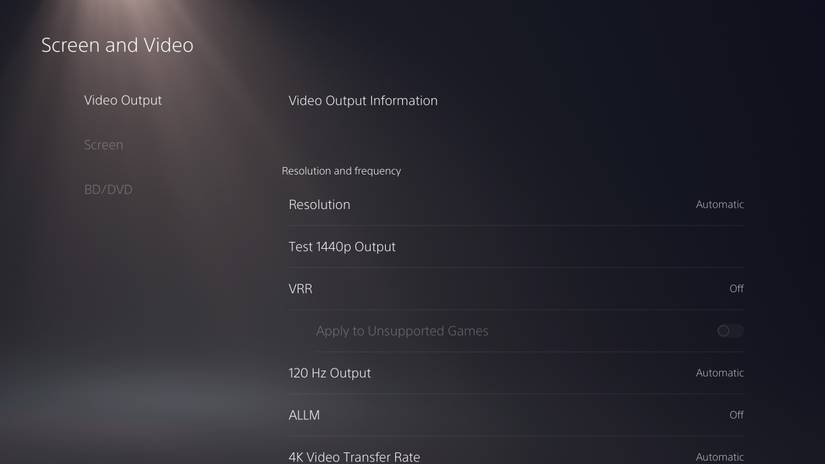 the screen and video settings on ps5