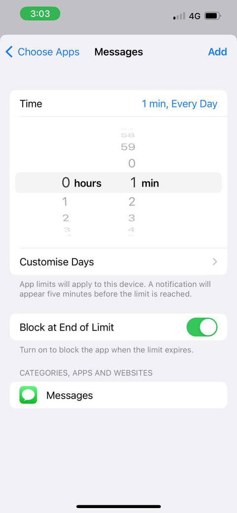 screentime time limit for messages app on iphone