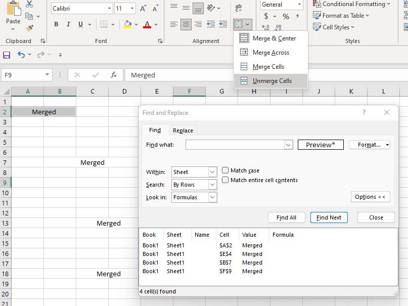 How to Find and Unmerge Merged Cells in Excel
