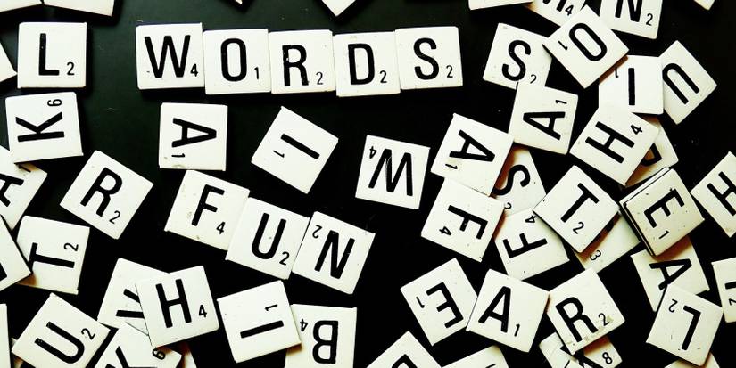 A collection of tiles spelling various words