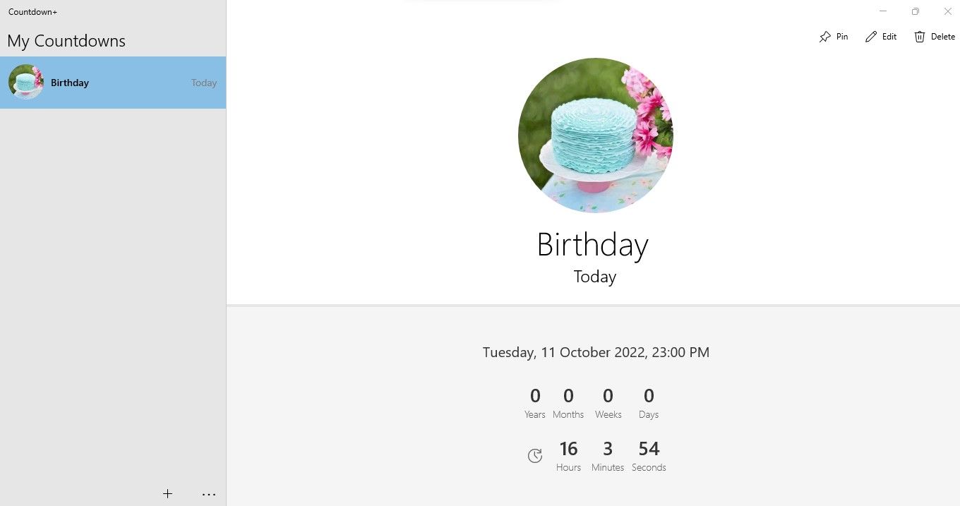 Interface of Countdown+ App Showing the Birthday Countdown