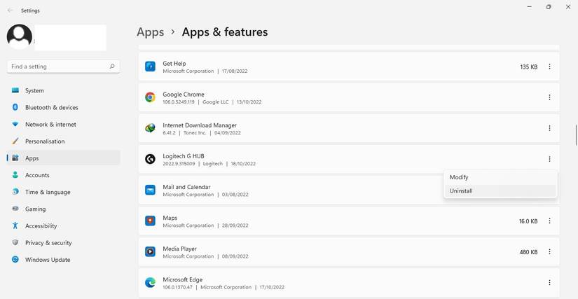 Logitech G Hub uninstallation steps screenshots