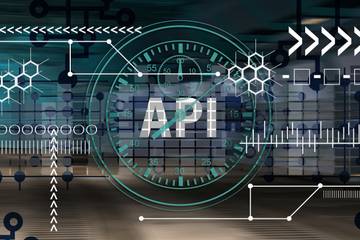 The word “API” surrounded by abstract icons