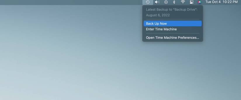 Back up now option in the menu bar