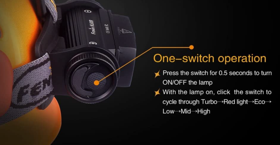 An image showing a Fenix HL60R Headlamp's one-switch operation