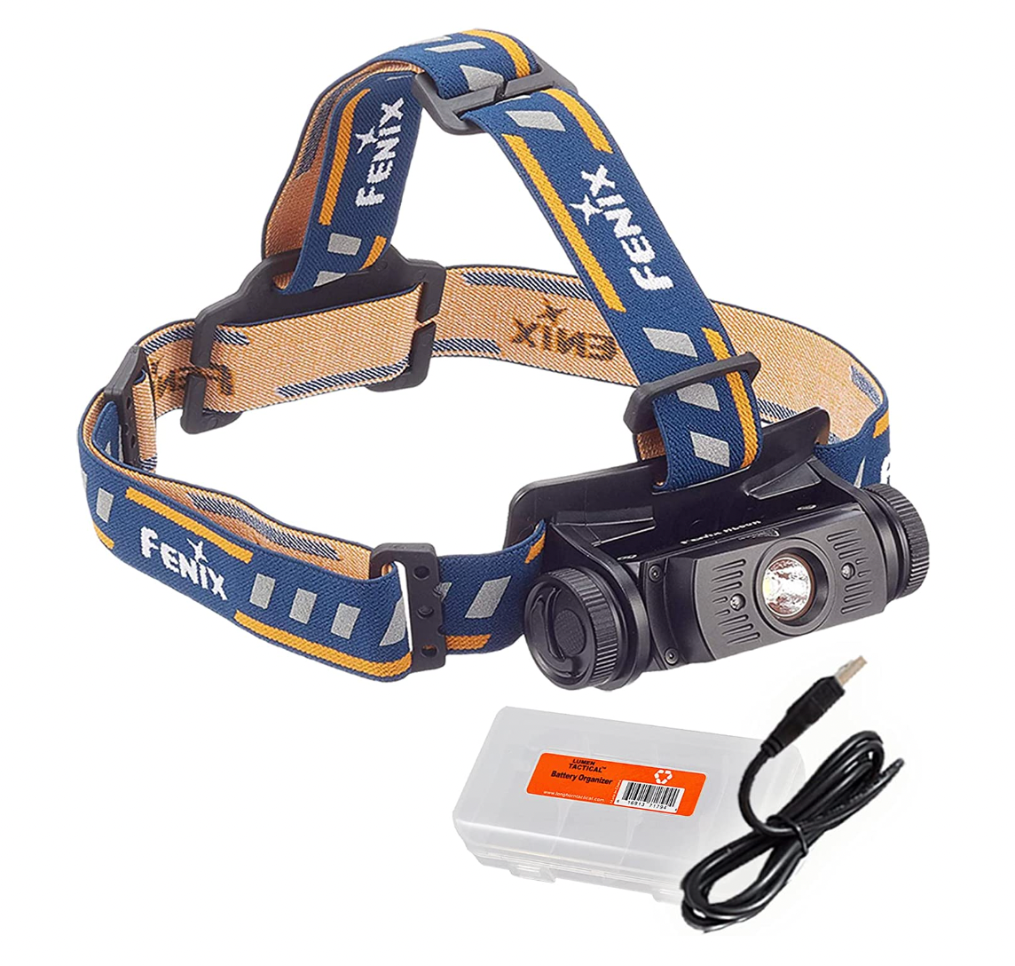 A full shot of a Fenix HL60R headlamp with cable tidy box