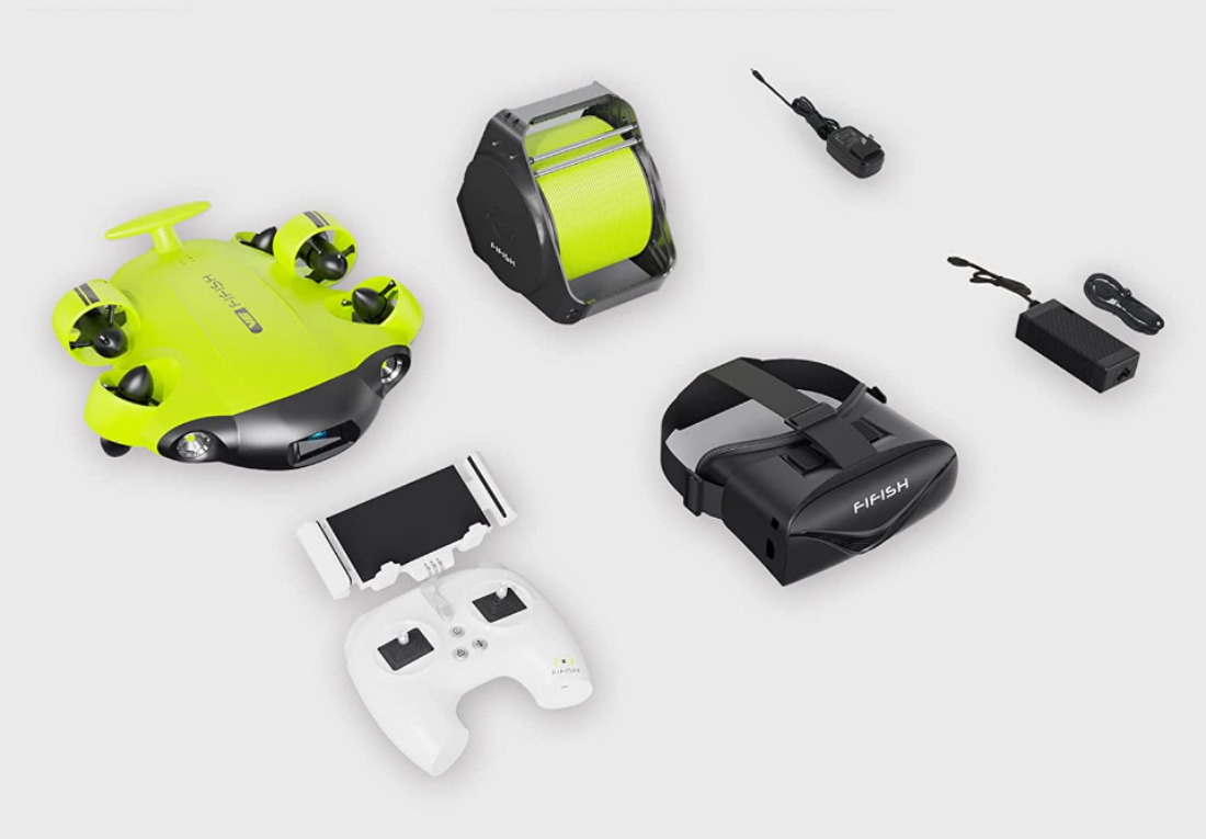 A shot of the FiFish V6 Underwater Drone complete with accessories laid out