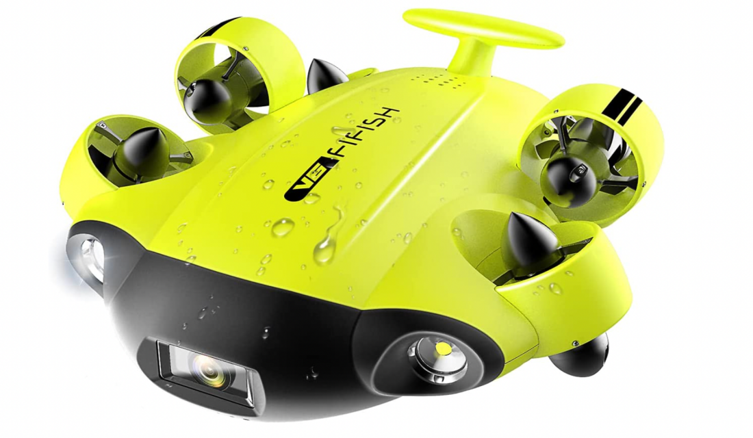 A full shot of a FiFish V6 Underwater Drone