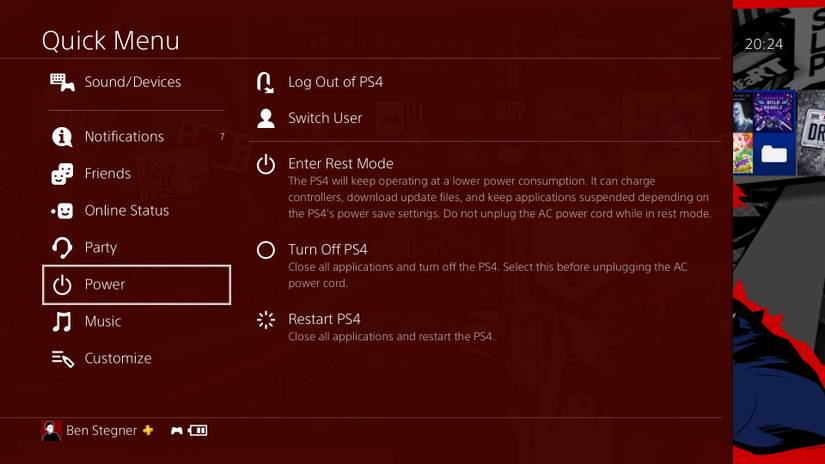 PS4 Power Menu