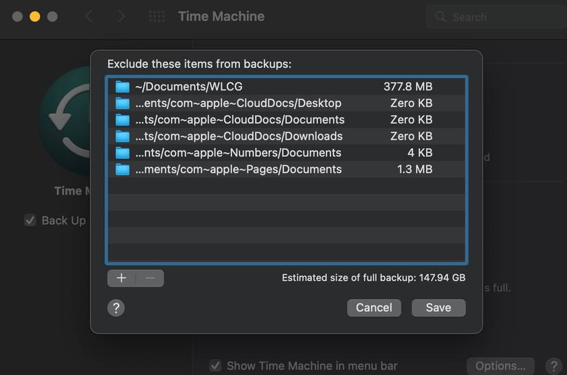 Time Machine Exclude Window